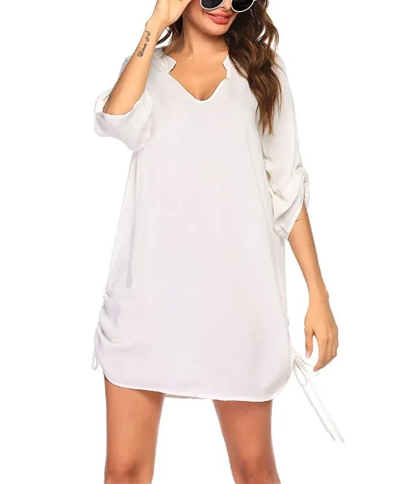 New European and American women's V-neck pleated drawstring beach vacation dress