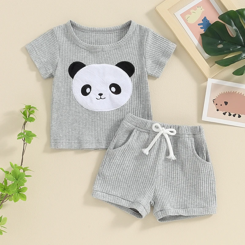 

2024-01-18 Lioraitiin 0-3Y Baby Boy Girl Clothes Set Short Sleeve Crew Neck Embroidery Panda T-shirt with Shorts 2Pcs Outfit