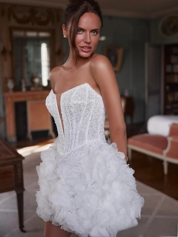 Abito da sposa a trapezio con paillettes scintillanti con scollo a cuore personalizzato Vestido De Casament Mini abiti da sposa corti
