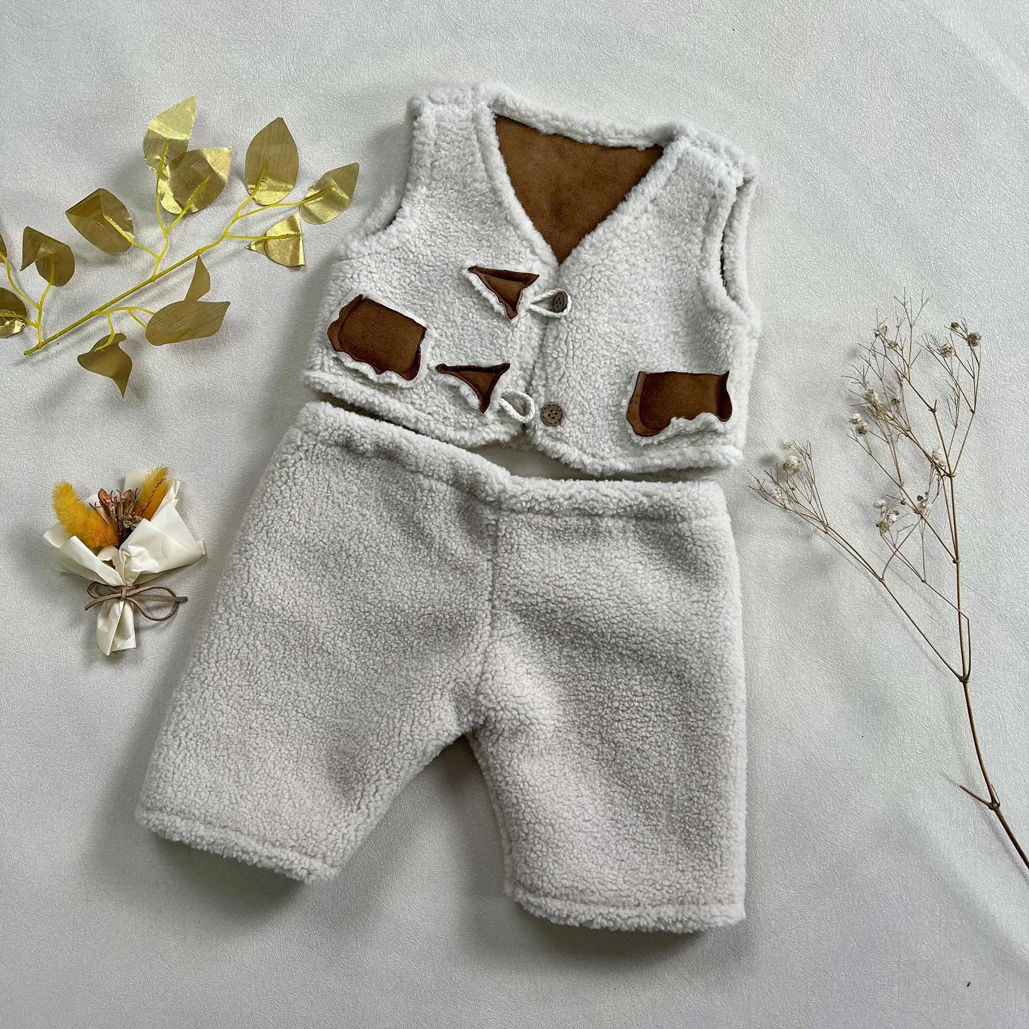 Don&Judy Newborn Baby Romper Beige Shearling Vest And Pants Thickened Autumn Spring Jumpsuit for Boy Girl Baby Clothing neonata