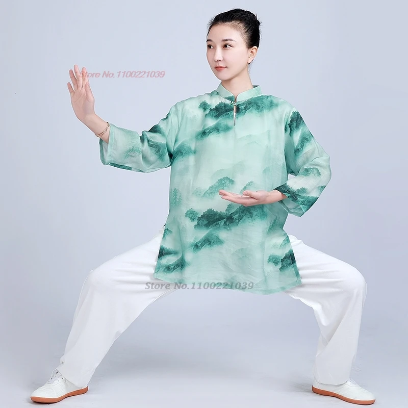 

2024 traditional chinese tai chi kung fu uniform national flower print cotton linen wushu martial arts training exercise suit