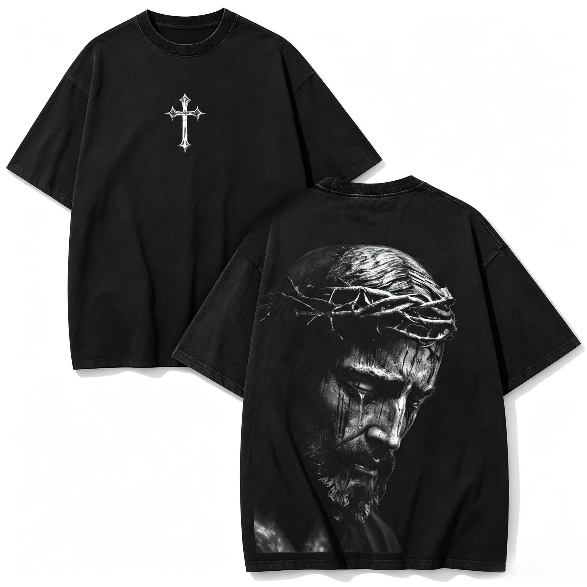 Family Matching T‑Shirt Retro Cross Chest Print Jesus Figure Gothic Text Bible Quote Back Print Streetwear Loose‑Fit Cotton Tee