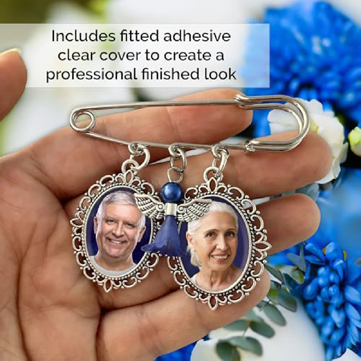 Something Blue Wedding Bouquet Photo Charm Pin for Bride, Holds 2 Photos, Memorial Bridal Charm with Blue Angel, Add Your Own Pi