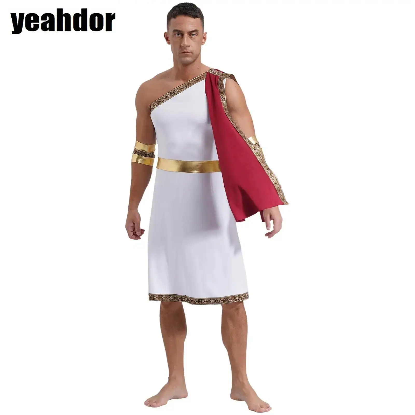 

Mens Toga Dress Ancient Greek Dress with Sleeves One Shoulder Embroidered Trim Robe Detachable Cuffs Dress for Halloween Cosplay