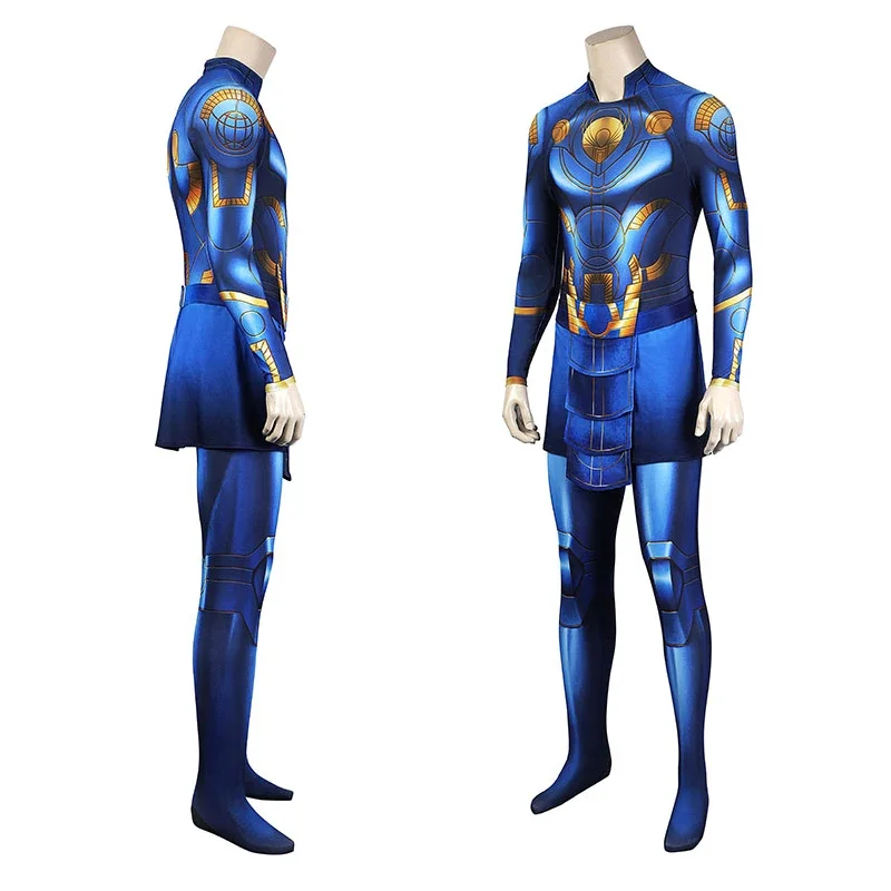 Adult men superhero Ikaris cosplay costume Ikaris blue jumpsuit with belt Halloween Zentai suit