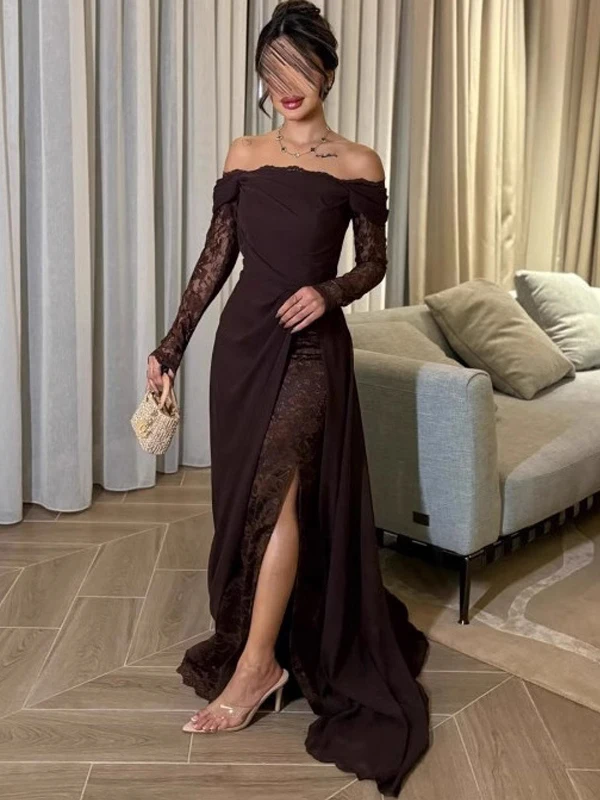 hebe-sle-long-sve-lace-one-oulder-dr-women's-spring-summer-vintage-ele-body-slimming-long-dr-korean-version