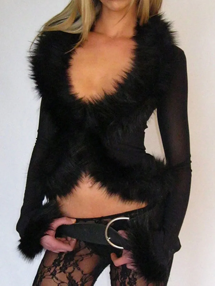 Black Sexy Sheer See Through Cardigan Tops Women Fluffy Faux Fur Trim Long Sleeve Gothic Y2K Slim Cropped Shirts Streetwear