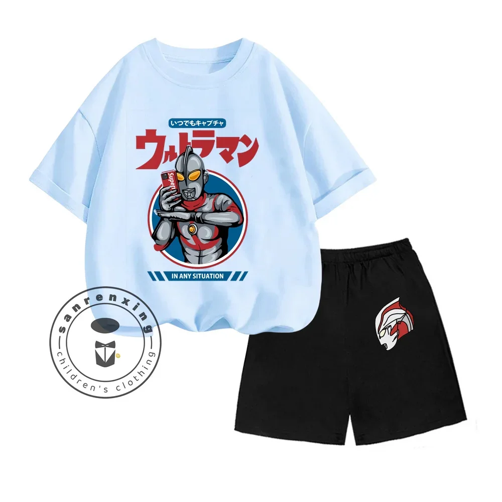 Summer Hot Animation Ultraman Cartoon Character Print Design O-neck Lightweight Short Sleeve and Cool Short Sleeve Children Suit