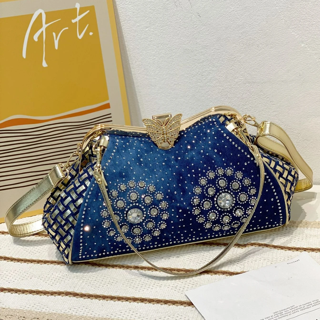 Diamond Denim Women Purses and Handbags with Shiny Rhinestone Jeans Crossbody Bag Shoulder Bag Evening Party Bag