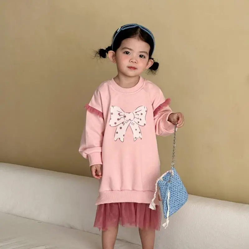 

Новое весеннее платье 2026 года для девочек: модное, с длинным рукавом, из хлопка, с сетчатыми вставками, повседневное, в стиле свитшота, для малышей