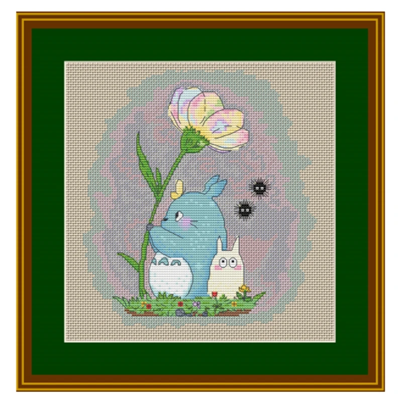 

The cross-stitch set of "Little Cat Under the Flower" features 28ct, 18ct, 14ct and 11ct hand-printed fabric embroidery material