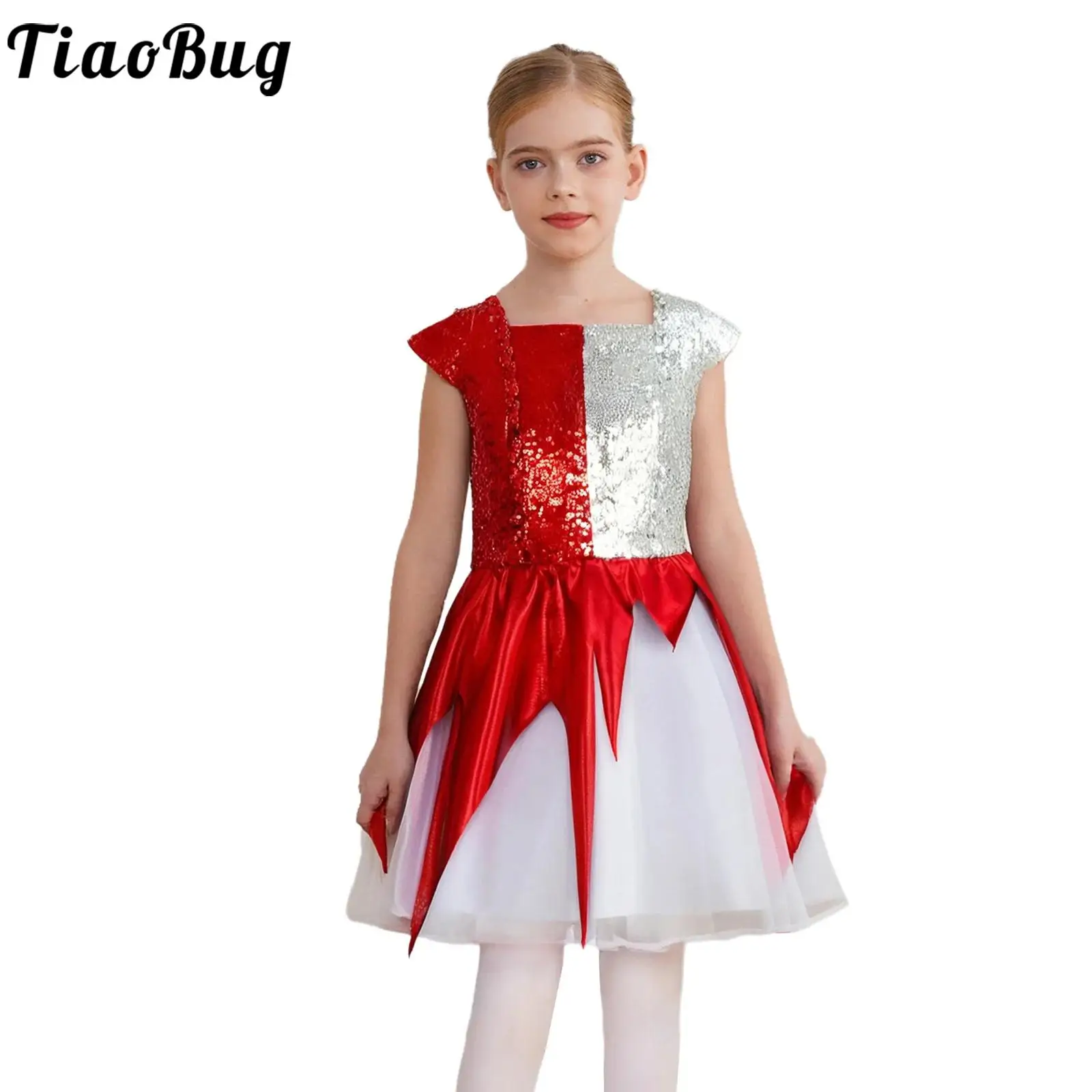 

Girls Half Angel Half Devil Costume Halloween Cosplay Theme Party Gown Sequin Color Contrast Sleeveless Zipper Overlay Dress