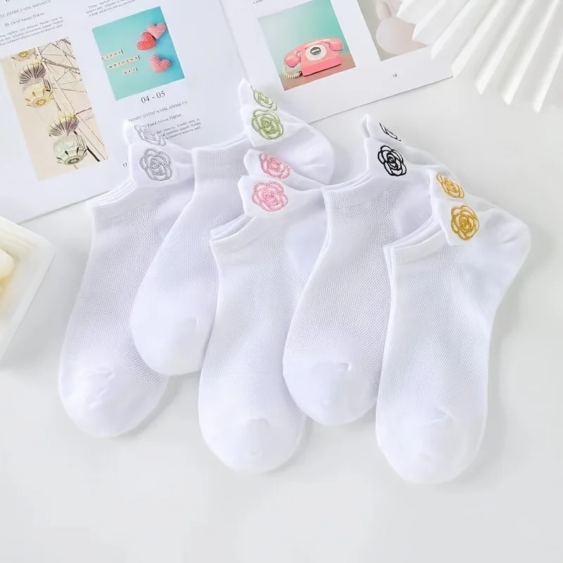 5 Pairs Women's Floral Embroidered Liner Socks, Sweet and Comfortable Women's Socks | Women's Liner Socks / Women's Ankle Socks