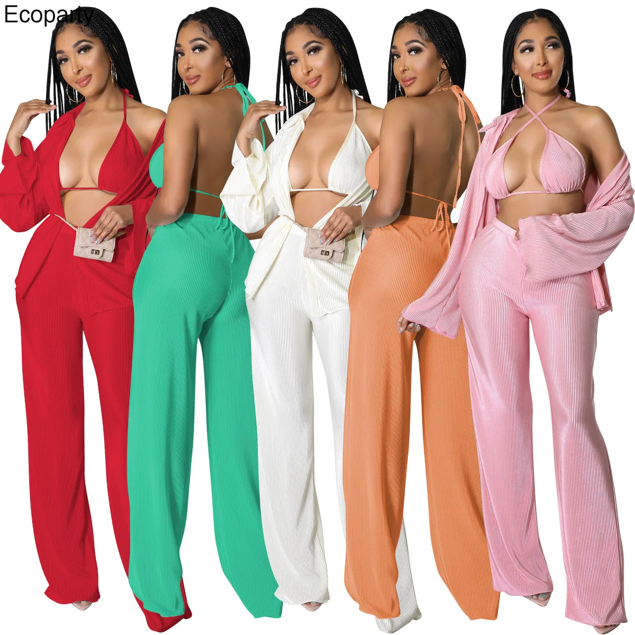 Summer Women's Sun Protection Clothing Sexy Corset Fashion Pleated Cardigan Ladies Temperamental Trousers 3pcs Set Elegant Suit