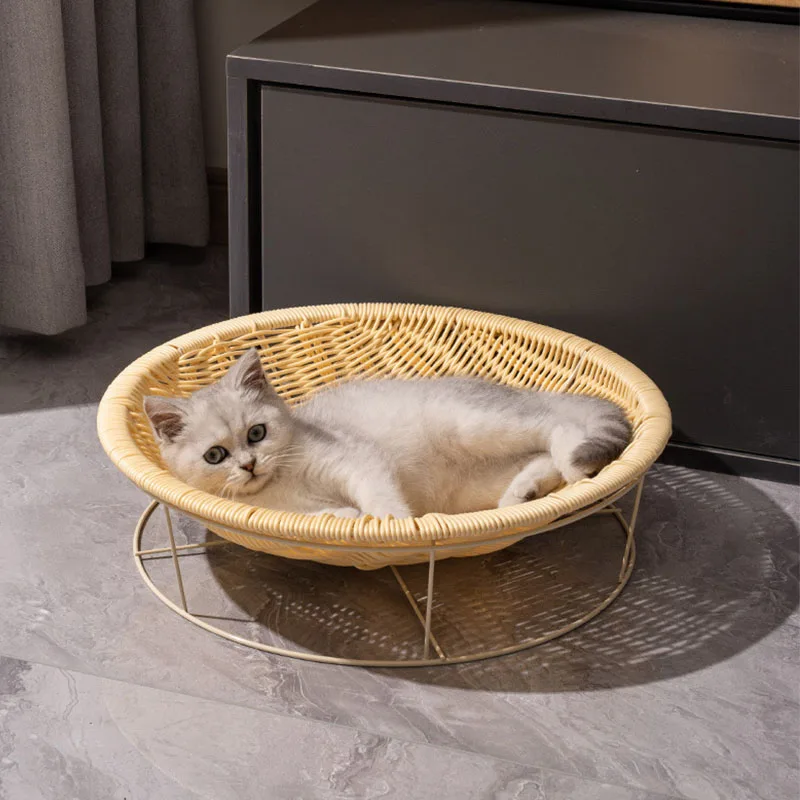 

Handmade Round Cat Bed Cozy Woven Pet House Indoor Sleeping House Rattan Basket Summer Cats Nest For Home Kittens Play Supplies