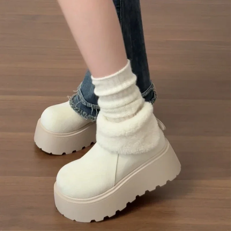 Winter Fashion Chunky Women Fur Snow Boots Concise Height Increase Shoes Ladies Outdoor Keep Warm Cotton Short Booties