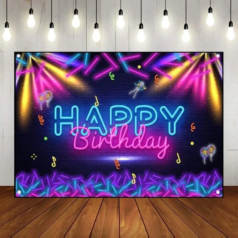 Party Backdrop Happy Birthday Disco Neno Glow Theme Photo Graffiti Custom Light Photography Banner Baby Shower Decoration Wall