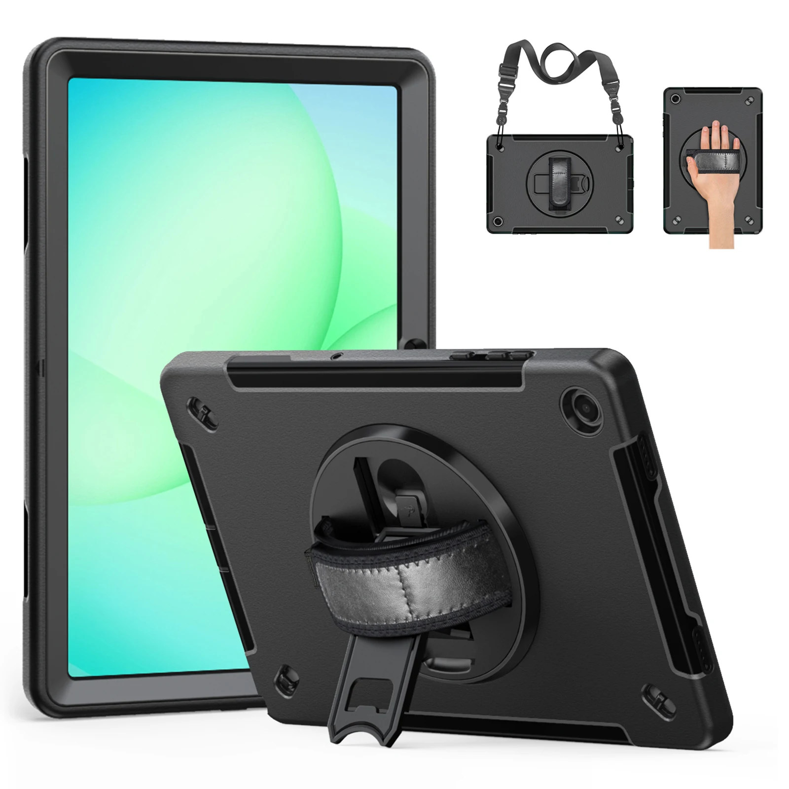 

For Samsung Galaxy Tab A11+ Case Rotating Kickstand PC + TPU Tablet Cover with Shoulder Strap - Black