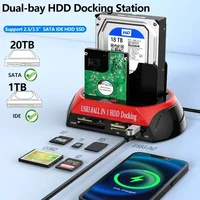 Estación de disco duro de doble bahía 10 en 1, estación de acoplamiento SATA IDE HDD con adaptador de corriente de 12V para tarjeta HDD/SSD TF de 2,5/3,5 pulgadas