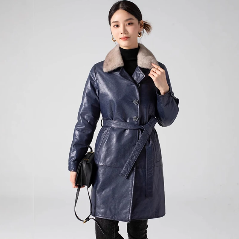 Dames winter donsjack gewaxte schapenvacht ganzendons nertsenbontkraag riem slim fit blauw halflange warme lederen jas