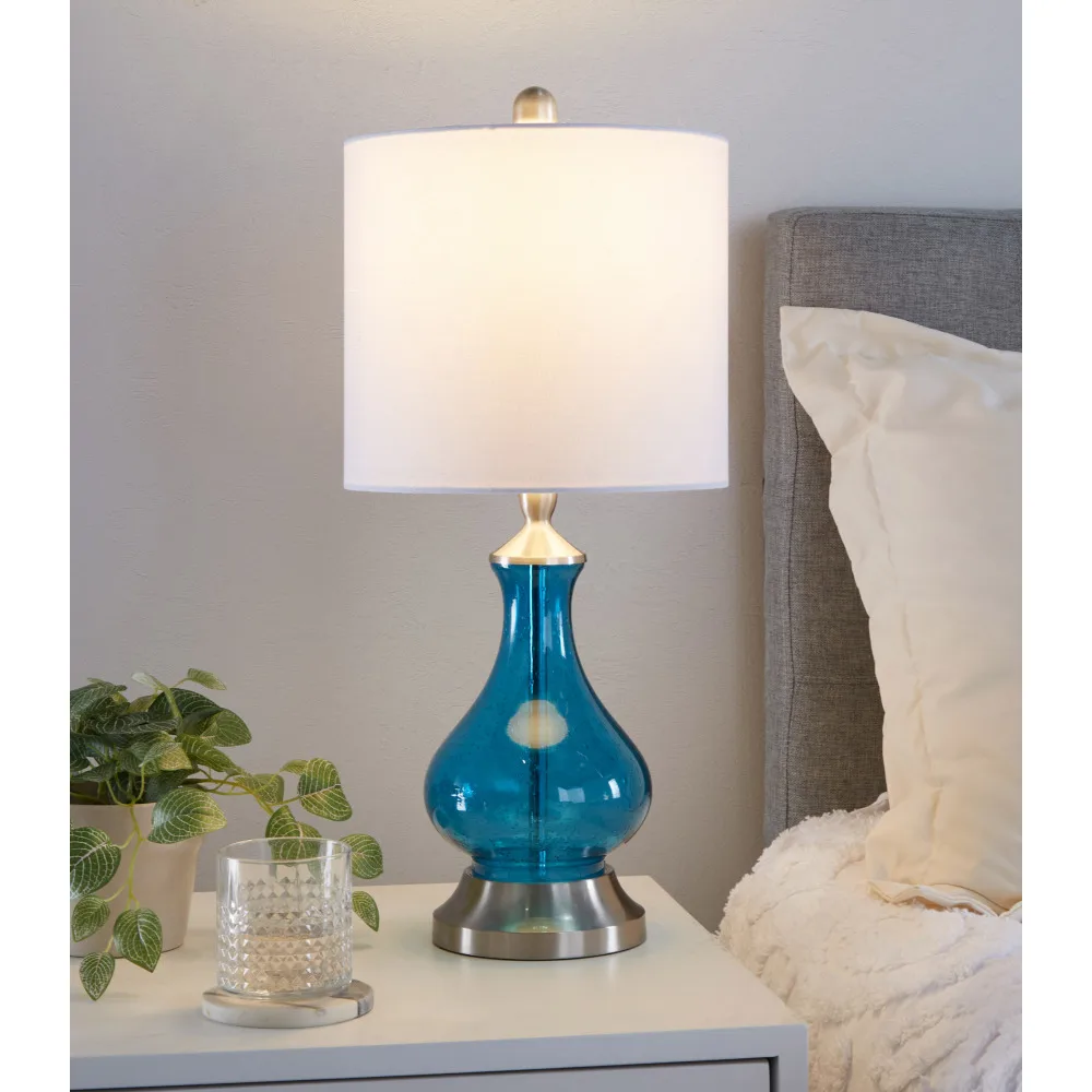 Contemporary Glass Accent Lamp in Clear Sapphire Blue Seeded Glass, Brushed Nickel and White Linen Shade from Grandview Gallery