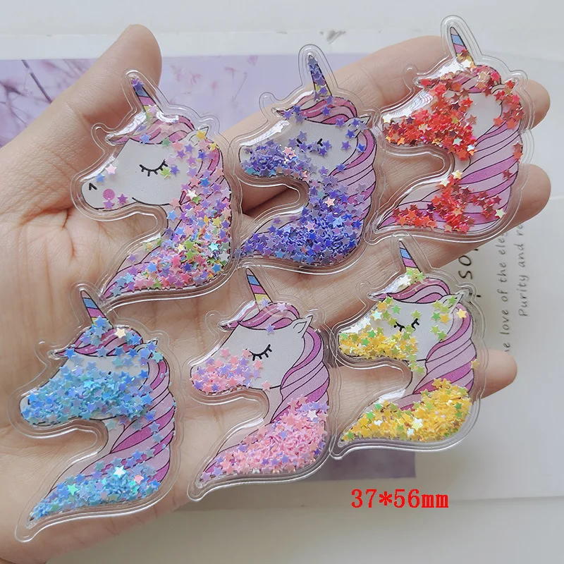 20 Stks/partij Pvc Quicksand Eenhoorn Met Glitter Transparante Bling Vloeiende Patches Applicaties Voor Diy Kinderen Clip Accessoires