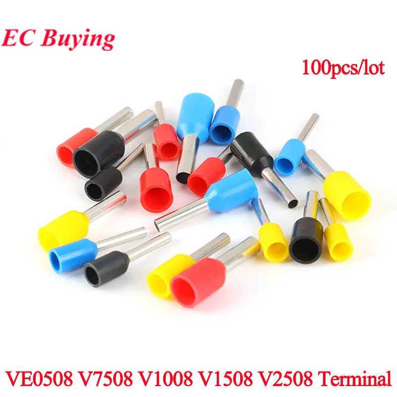 100Pcs/lot Europe Style Pin Terminal VE0508 7508 1008 1508 2508 Tube Type Wire Line Cable Connector Blue Black Yellow Red