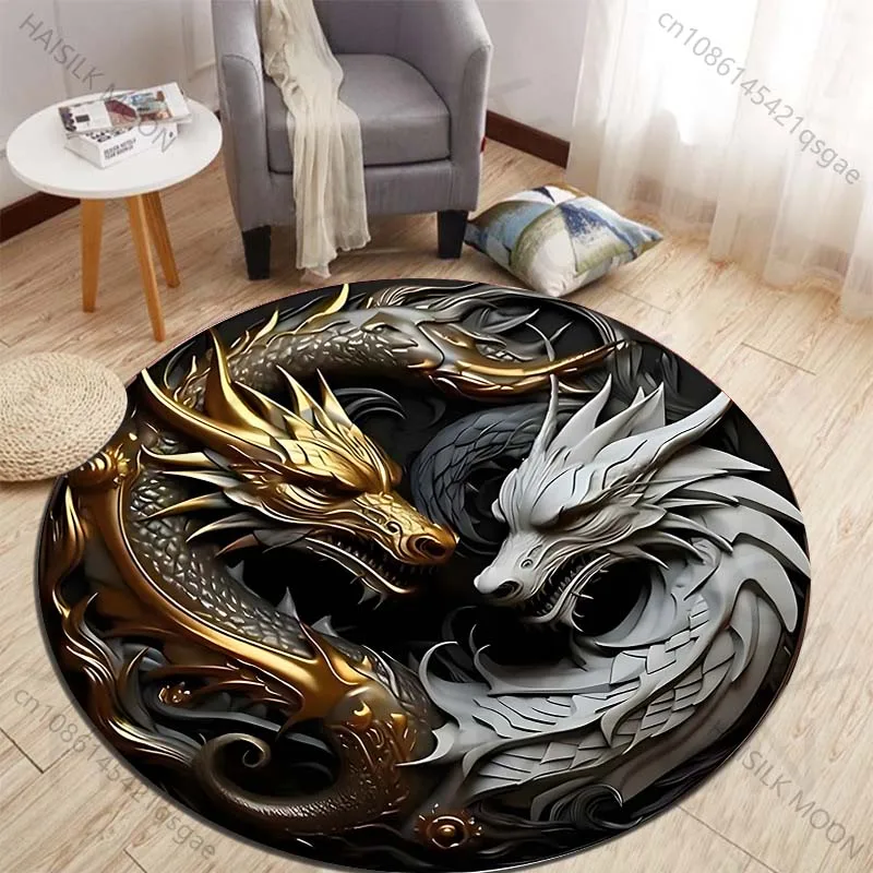 Golden and white dragons entwined vividly Printed round carpet living room sofa table carpet large pet mat soft round carpet