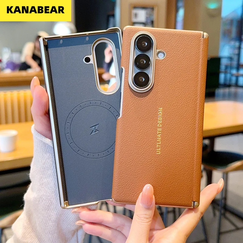 Magnetic Lychee Pattern Luxury Case for Samsung Galaxy Z Fold7,Double Hinge Shockproof,Camera Lens Cover