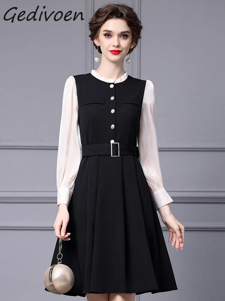 

Gedivoen Autumn Fashion Runway Vintage Hit Color Dress Women's O Neck Ruffles Button Sashes Gathered Waist Slim Mini Short Dress