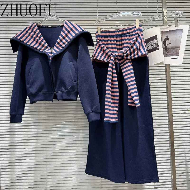 College Style Design Striped Splicing Navy Collar Women's Sweatshirt 2026 Autumn New Y2k Loose Casual Long Trousers Suit Ladies