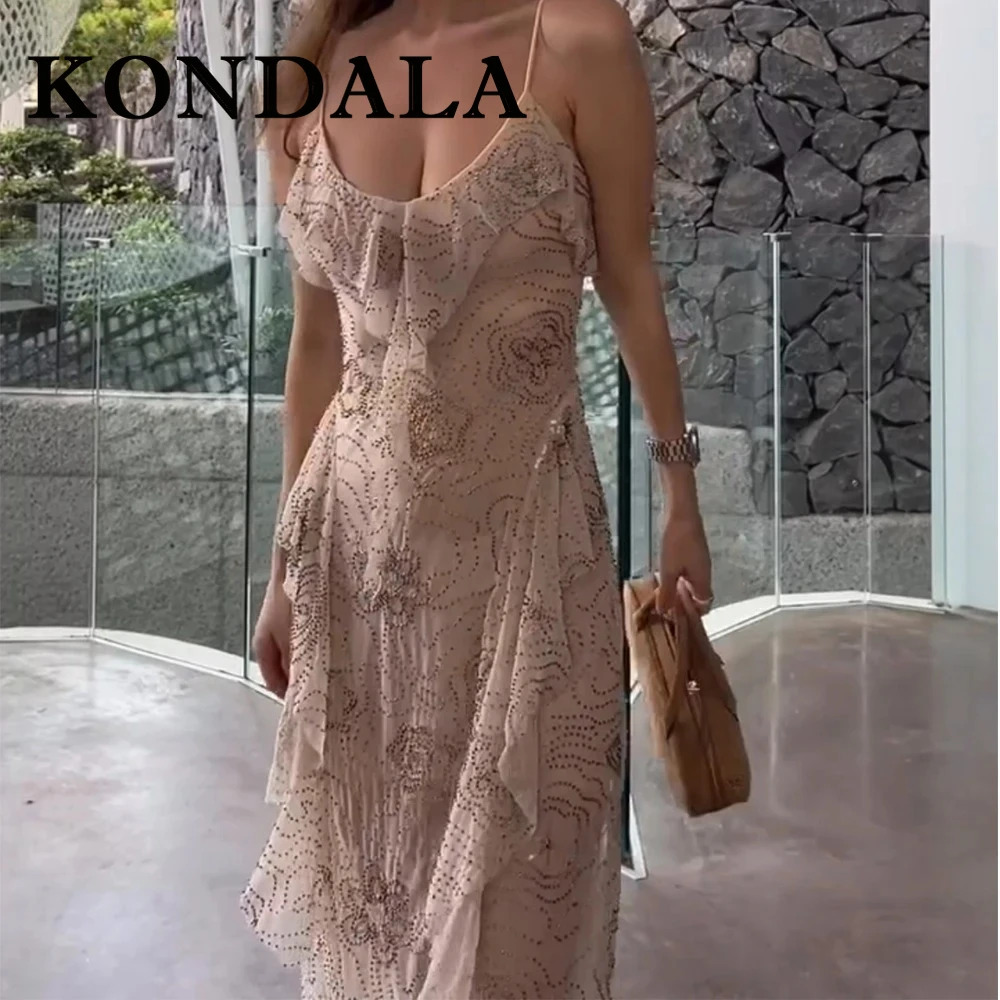 فستان KONDALA أنيق ومثير ومثير للنساء فستان كامي طويل لحفلات أعياد الميلاد والحفلات المسائية موضة 2025 فستان نادي مكشكش بيج موهير