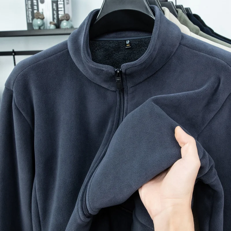 

Men's Jacket Fleece Lined Thickened Loose Fit Full Zip Stand Collar Long Sleeve Casual Outerwear Autumn Winter Warm Fashion Mans