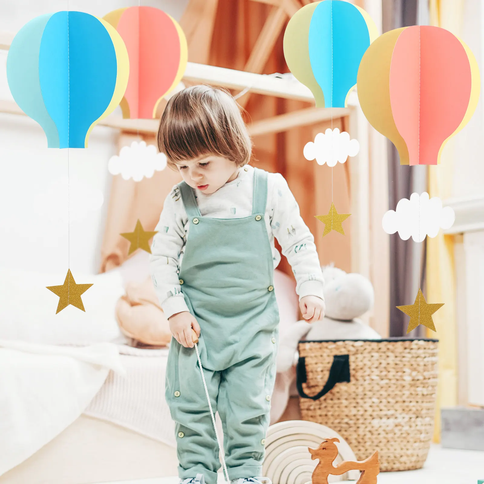 4 Globos Aerostáticos Flotantes con Nubes, Decoración Colgante de Papel 3D, Ambiente Romántico, Reutilizables, para Techo, Ventana, Puerta, Fiesta