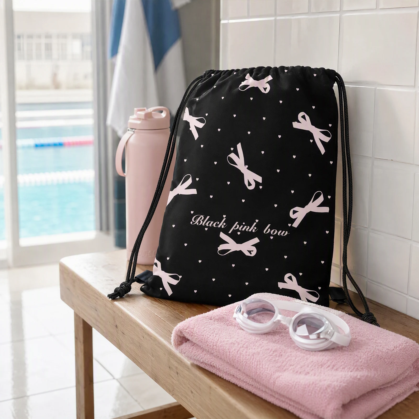 Kawaii Pink Polka Dot Drawstring Backpack Waterproof Bow Heart Print Gym Bag for Girls Sports