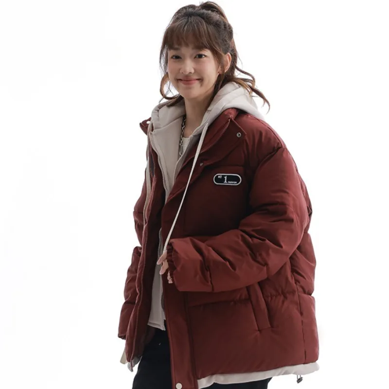 Women Parkas Fake Two Piece Hooded Couple Thickening Warm Casual Daily Students Solid Winter Baggy Cotton Contrast Color Trendy