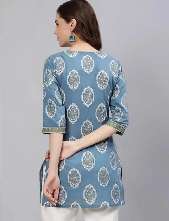 Indian Clothing Women's Pure Cotton Printed Short Crop Sleeve Top Blue