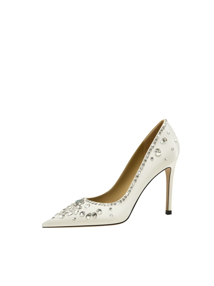 Spring New Pointed Shallow Mouth Silk Water Diamond Wedding Shoes Banquet Large Size Small Size Widening High Heel Women's Shoes