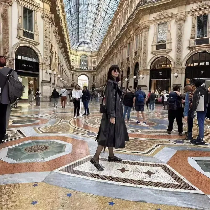 2025秋冬新作 レトロカジュアル ブラック ロングスタイル ベルト付き レディースジャケット エレガント ダブルブレスト PUレザー ウィンドブレーカー