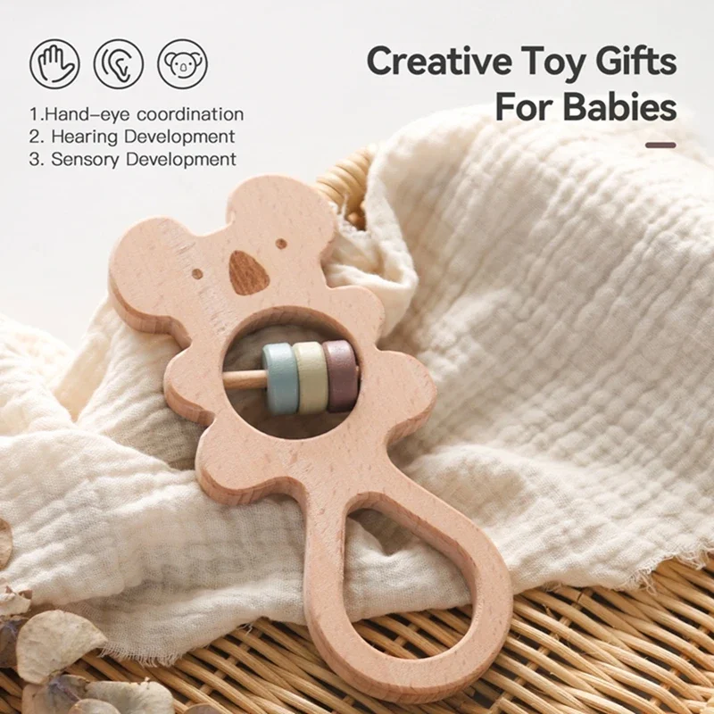 Baby Wooden Koala Hand Rattles Teether Toys Wooden Ring Montessori Toys Owl Shape Musical Rattle for Baby Gifts Teething Toys