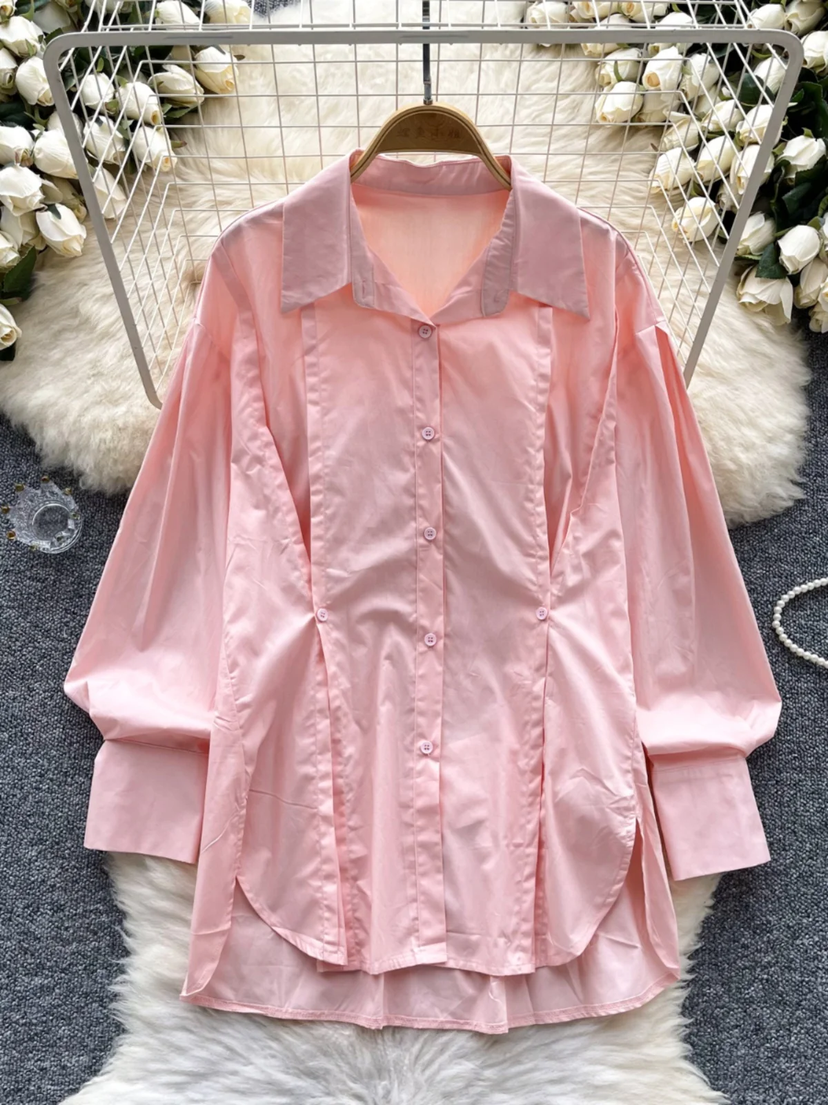 

SuperAen Korean Design Long Sleeved Shirt 2024 Autumn New Pleated Waistband Loose Irregular Shirt