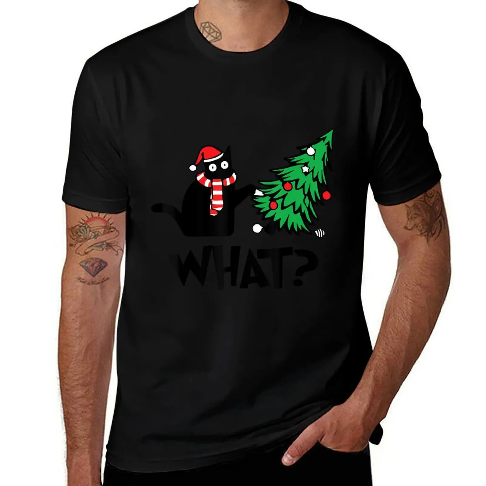 

Funny Black Cat Gifts Pushing Christmas Tree Over Cat What T-Shirt boys whites man clothes tops funny t shirts men