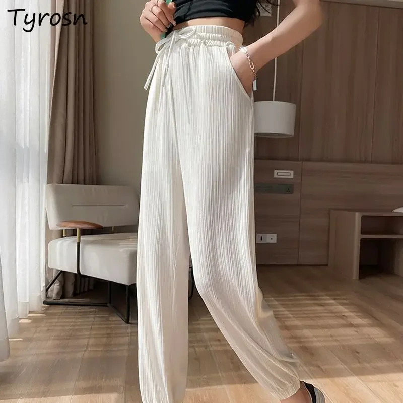 

Брюки-шаровары из ледяного шелка, женские большие размеры, высокая эластичная талия, свободные универсальные удобные брюки для отдыха, весна-лето, простой уютный крой