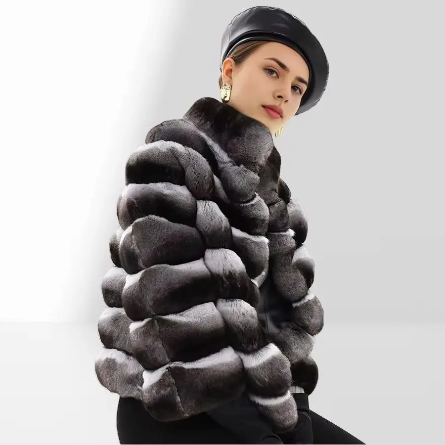 ショートチンチラファーコート 天然ラビットファー ハイカラー ふわふわジャケット 新スタイル 秋冬 レディース 本物の毛皮コート