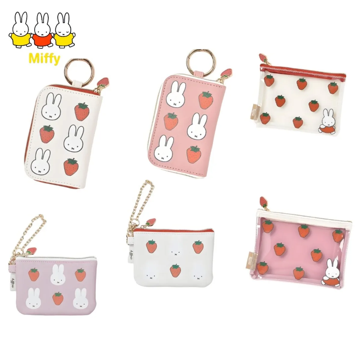 Monedero de conejo Kawaii Miffy, monedero de dibujos animados de Anime Miffy con diseño de fresa, bolso para llaves de chica, tarjeta, mochila escolar, regalo