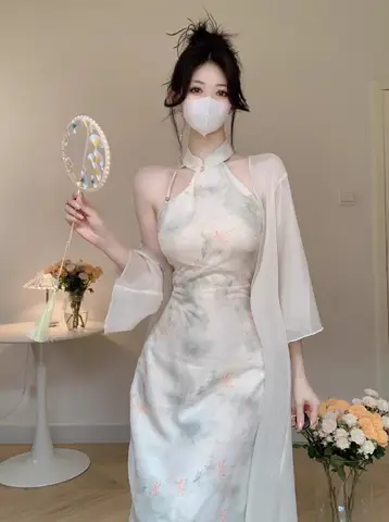 여성용 중국 스타일 한푸 세트, 민소매 치파오, 섹시한 프린트, Qipao 개량 중국 원피스, 우아한 빈티지 코스튬