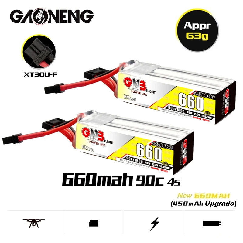 

1-10Pcs GAONENG GNB 4S 660mAh 15.2V 90C/180C HV Lipo Battery with XT30U-F Plug for Beta85X Whoop Quadcopter FPV RC Racing Drone