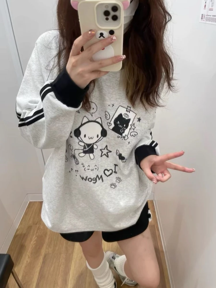 

HOUZHOU Gray Kawaii Stripe Graphic Juminocore Women Pullovers Cute Aesthetic Long Sleeve Japanese Style Hoodies Oversize Casual