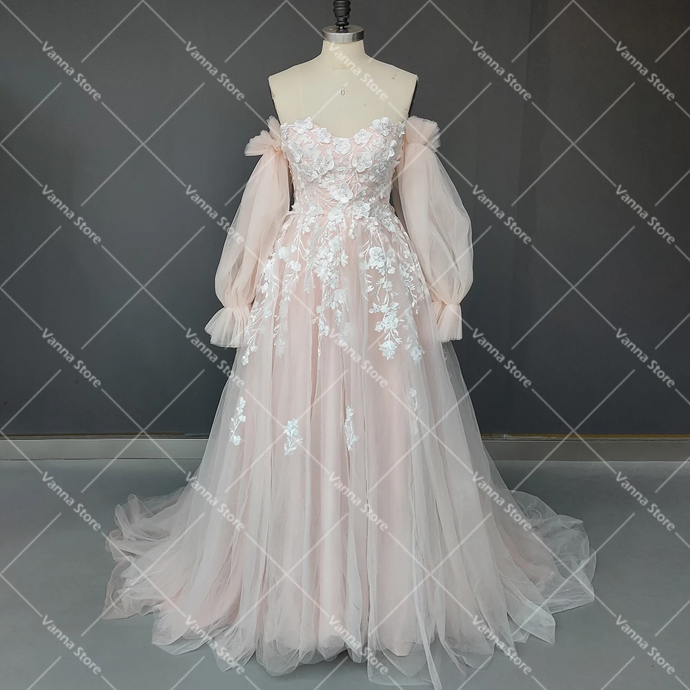 Removable Long Sleeves Sweetheart Pink Princess Fairy Bridal Gowns Custom Made Embroidered Lace Tulle Flowers Wedding Dresses