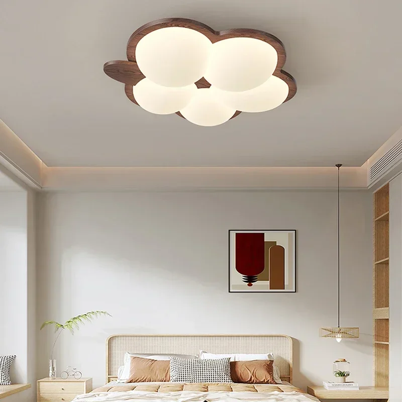 Modern LED Chandeliers For Children'S Rooms Nursery Boys And Girls Creative Cloud Ceiling Lamp Walnut Wood Colour Smart Lighting
